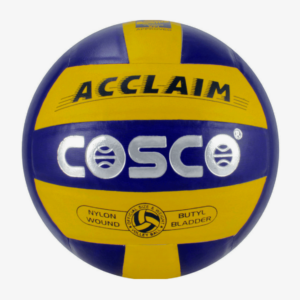 acclaim cosco written on yellow and blue volleyball