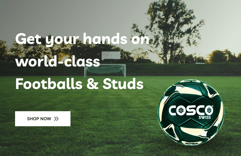 Cosco swiss Football on green footbaall ground and some lines on screen 'Get your hands on world-class Footballs & Studs