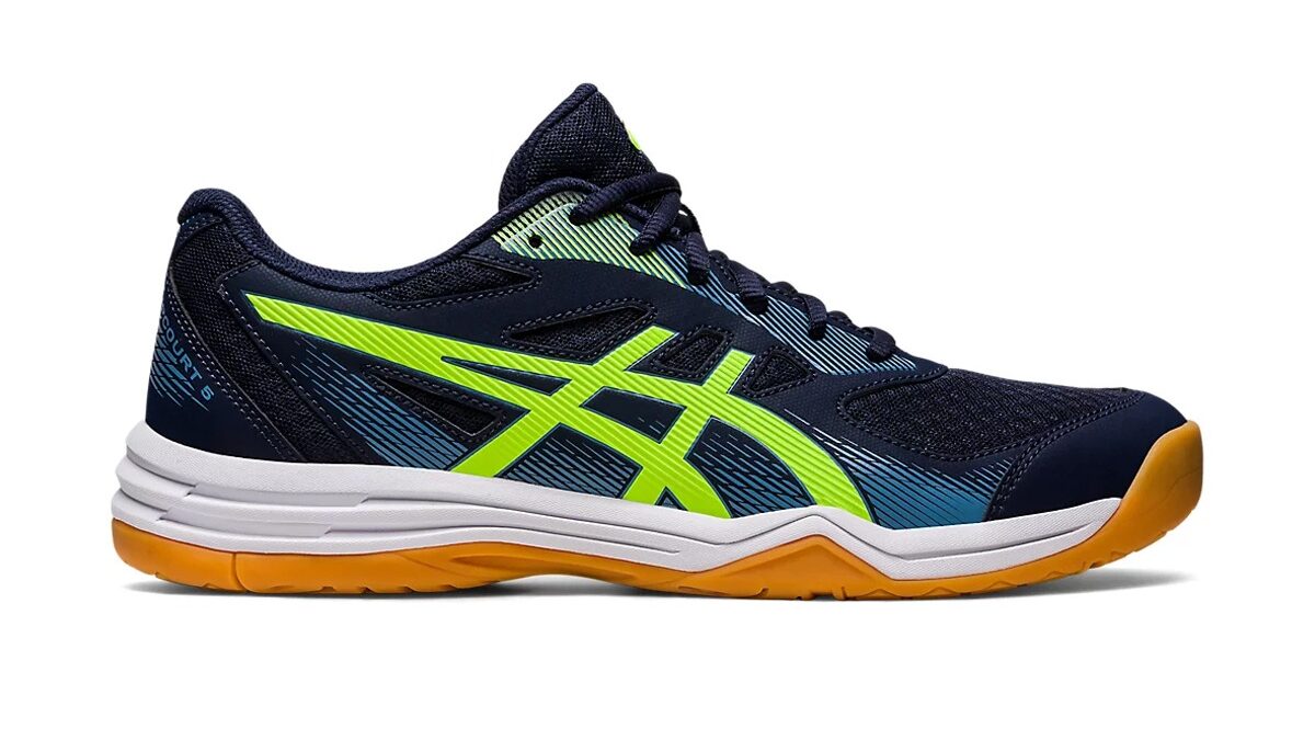 Shop Asics Upcourt Badminton Shoes (Midnight/Hazard Green)