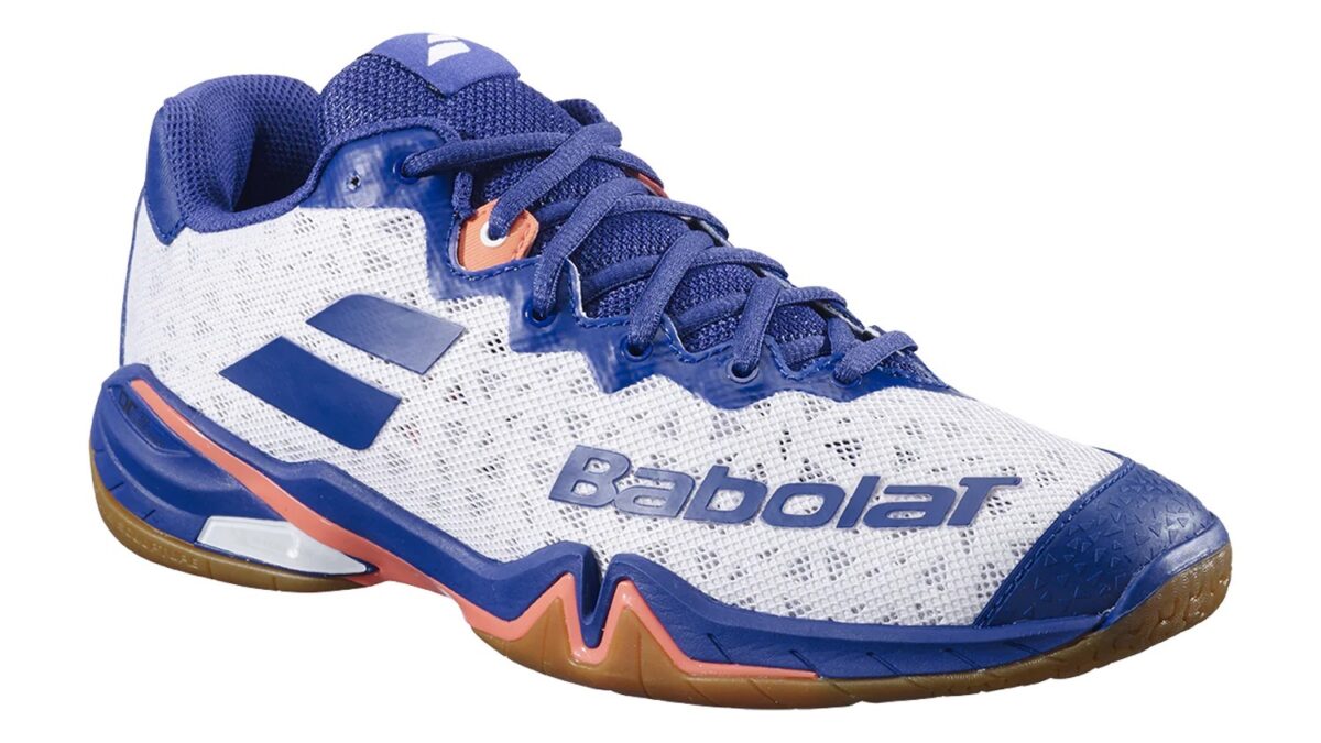 Shop Babolat Shadow Tour Badminton Shoes (White/Blue Navy)