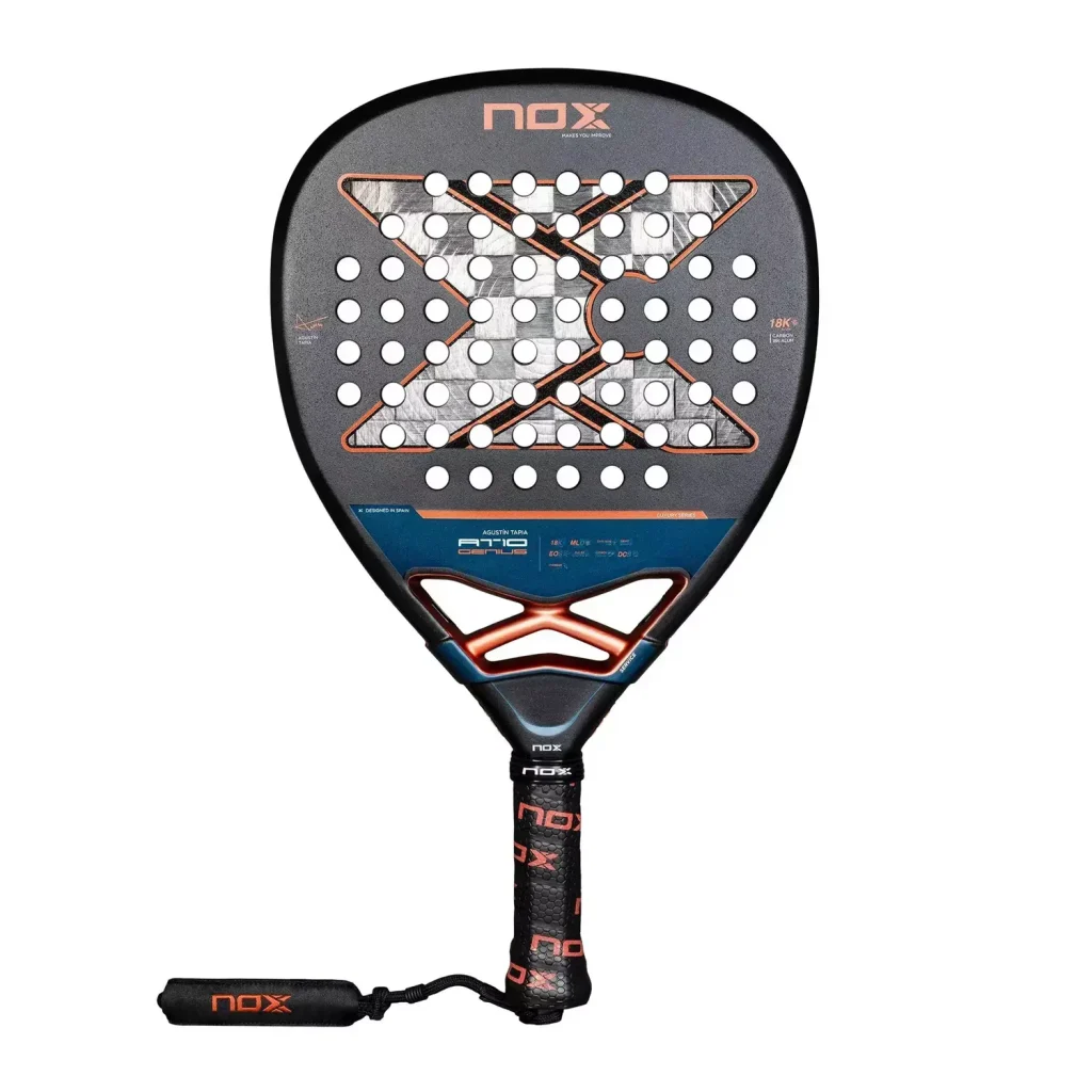 NOX AT10 Genius Attack 18K 2025 padel racquet by Agustín Tapia — diamond shape, 18K carbon face
